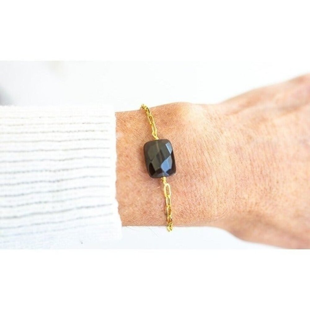 Beautiful Smokey Quartz Gemstone Faceted Bracelet Gold Paperclip Chain Bracelet
